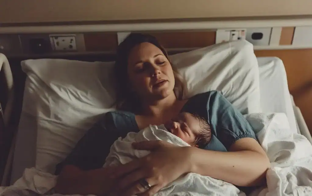 출산 직후 병원 침대에서 아기를 안고 휴식하는 산모의 모습으로, 산후 회복 과정의 초기 단계를 보여주는 이미지