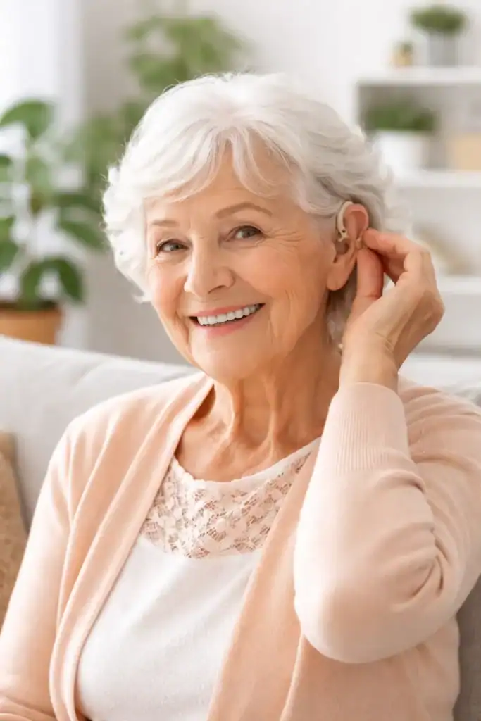 보청기를 착용하고 미소 짓는 노년 여성의 모습
